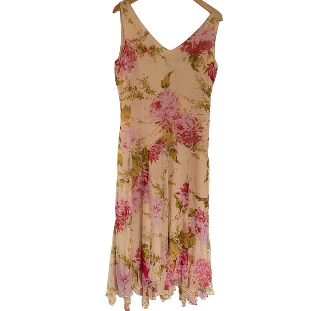 Vtg Y2K Ballinger Gold Silk Midi Slip Dress L Romantic Floral Roses Ruffle Hem